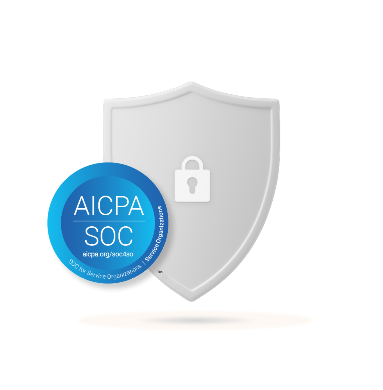 Shield icon with a padlock symbol representing data security, overlaid with a circular blue badge labeled 'AICPA SOC – SOC for Service Organizations' and the URL 'aicpa.org/soc4so.'